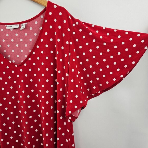 Susan Graver Maxi Dress 3X Red White Polka Dot Liquid Knit V-Neck Flutter Sleeve - Picture 4 of 7